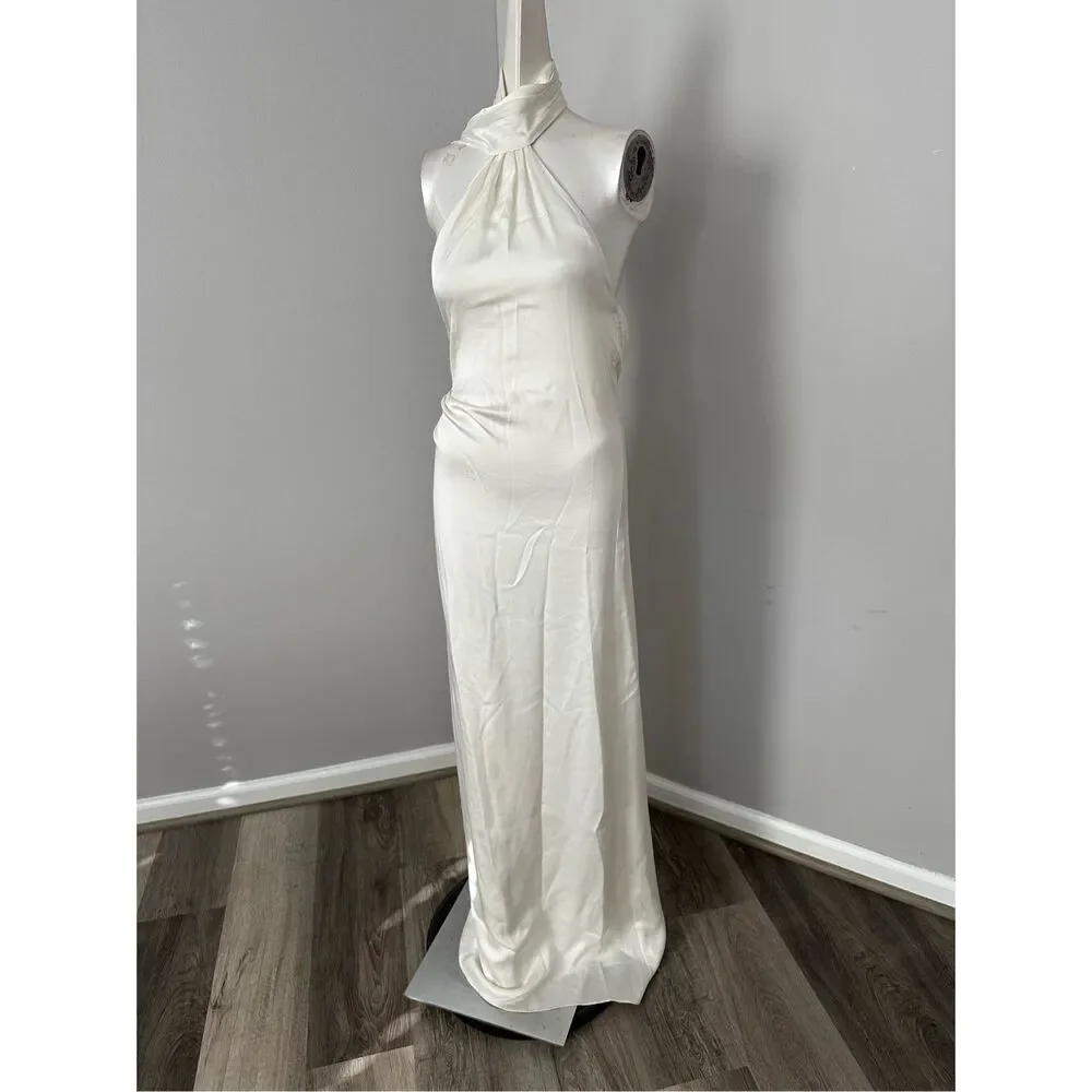 NWT Jonathan Simkhai Open Back Satin Vittoria Draped Scarf Maxi Gown Ivory Sz 0
